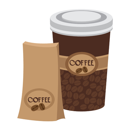 Package and cup of coffee. Color illustration of the packaging for the products.のイラスト素材