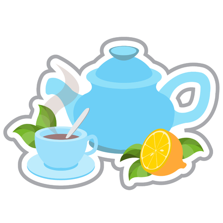 Teapot, cup of tea with lemon color illustration.のイラスト素材