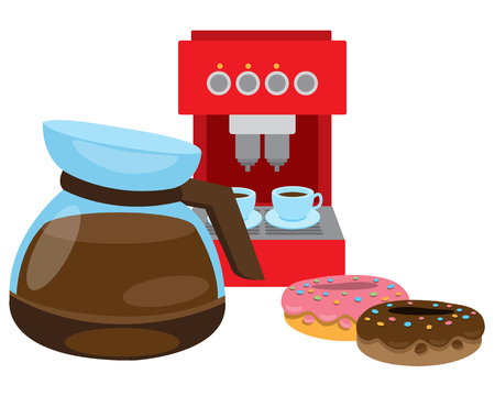 Teapot brewing coffee. Coffee machine and donuts.のイラスト素材