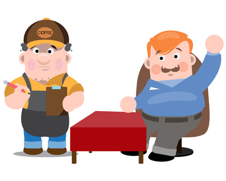 Cafeteria, the waiter and the customer. Two men in a cafe. The waiter brings order to the customer.のイラスト素材