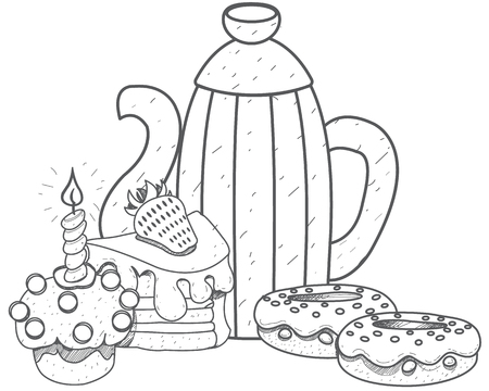 Vintage metal kettle for coffee or cocoa and a lot of sweets outline drawingのイラスト素材