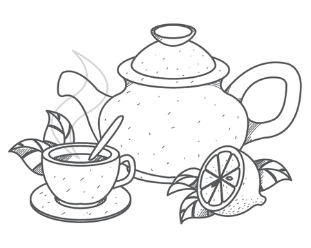 Teapot, cup of tea with lemon outline drawingのイラスト素材