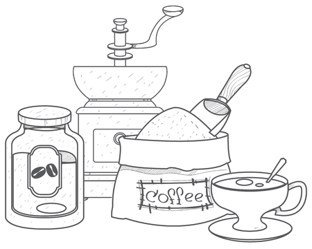Vintage manual coffee grinder, glass jar for coffee storage, coffee bag and cup outline drawingのイラスト素材