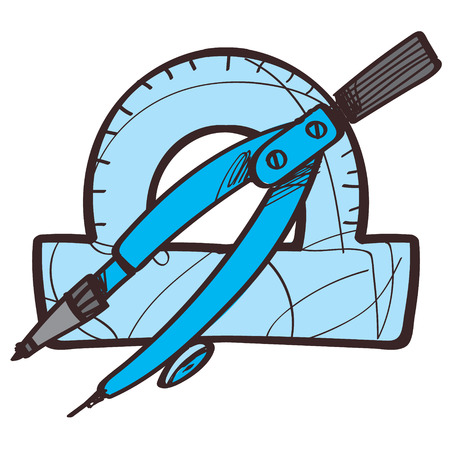 Protractors and compasses, drawing instruments colored icon with a black outline on a white background.のイラスト素材