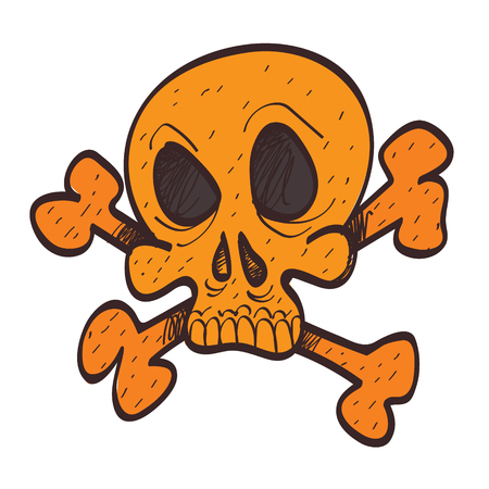 Skull and bones colored icon with a black outline on a white background in a hand drawn style.のイラスト素材