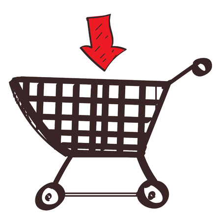 Trolley Shopping colored button with a black outline on a white background in a hand drawn style.のイラスト素材