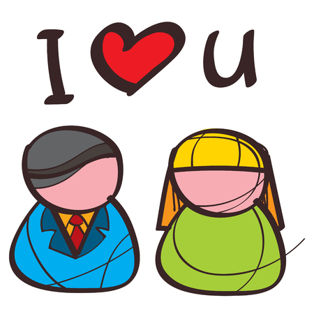 Stylized icon of a man and a woman with a black outline on a white background.のイラスト素材