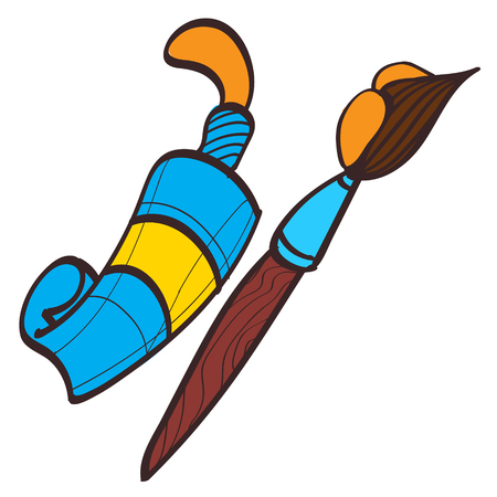 Tubes of paint and a brush icon with a black outline on a white background.のイラスト素材