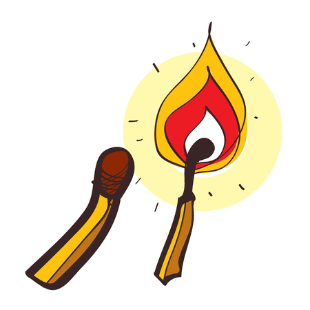 Matches with fire colored illustration in hand drawing style.のイラスト素材
