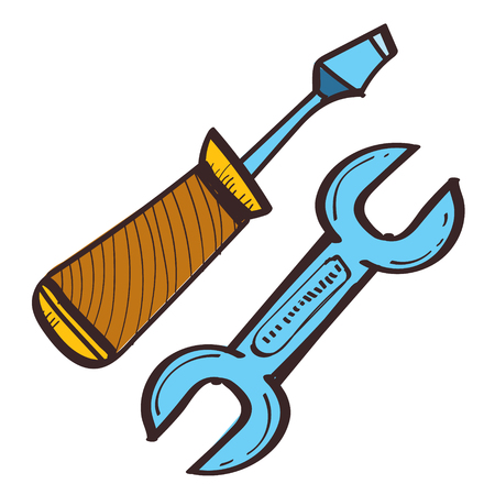 Screwdriver and wrench color illustration in hand drawing styleの写真素材
