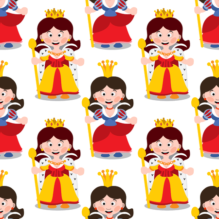 Seamless pattern with cartoon queens on white background.のイラスト素材