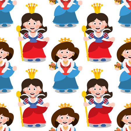 Seamless pattern with cartoon queens on white background.のイラスト素材