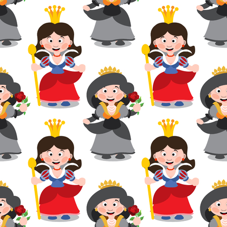 Seamless pattern with cartoon queens on white background.のイラスト素材