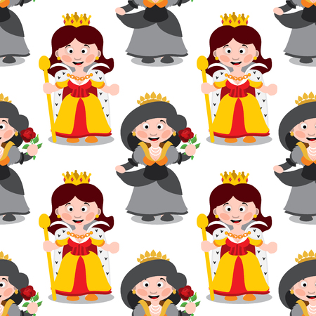 Seamless pattern with cartoon queens on white background.のイラスト素材