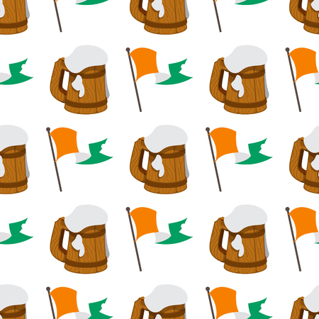 Seamless pattern with an Irish flag and a mug of foamy beer.のイラスト素材