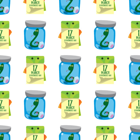 Seamless pattern with a Green snake in a glass jar and a calendar on 17 March.のイラスト素材