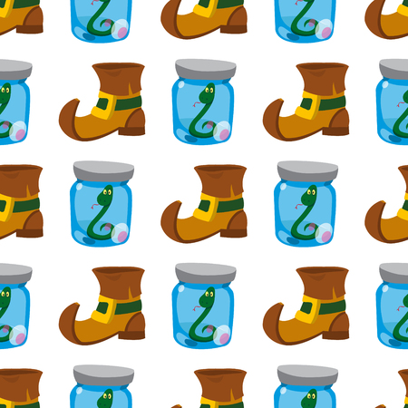 Seamless pattern with an Green snake in a glass jar and shoes leprechaun.のイラスト素材