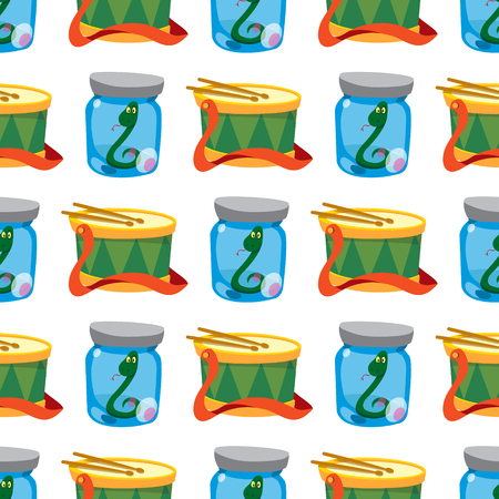Seamless pattern with a Green snake in a glass jar and a drum.のイラスト素材
