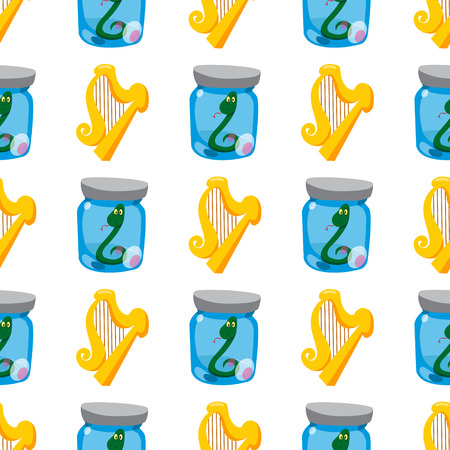 Seamless pattern with a Green snake in a glass jar and the golden harp.のイラスト素材