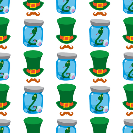 Seamless pattern with a Green snake in a glass jar and a green hat.のイラスト素材