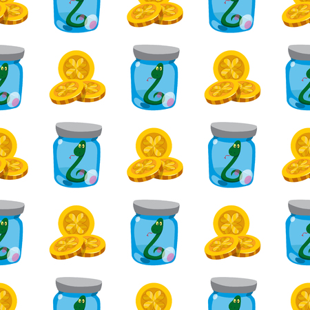 Seamless pattern with an Green snake in a glass jar and three gold coins.のイラスト素材