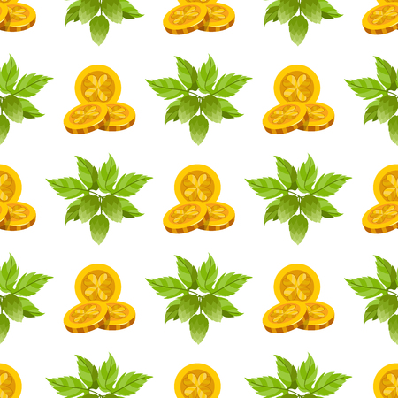Seamless pattern with a sprig of hops and three gold coins.のイラスト素材