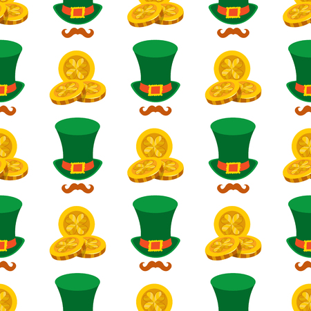 Seamless pattern with a green hat and three gold coins.のイラスト素材
