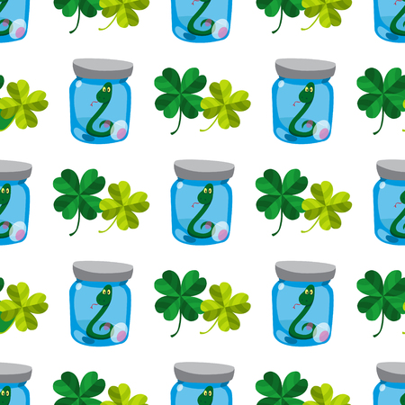 Seamless pattern with an Green snake in a glass jar and four leaf clover.のイラスト素材