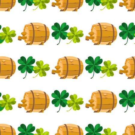 Seamless pattern with four leaf clover and a wooden beer barrel.のイラスト素材