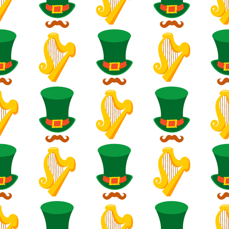 Seamless pattern with golden harp and a green hat.のイラスト素材