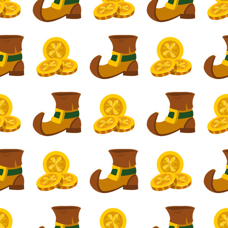 Seamless pattern with three gold coins and shoes leprechaun.のイラスト素材