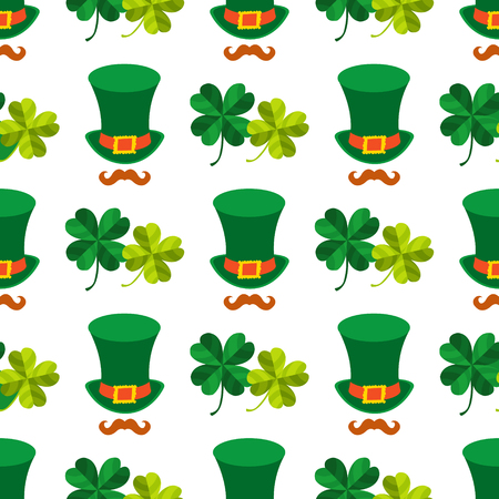 Seamless pattern with a green hat and four leaf clover.のイラスト素材
