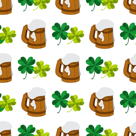 Seamless pattern with four leaf clover and a mug of foamy beer.のイラスト素材