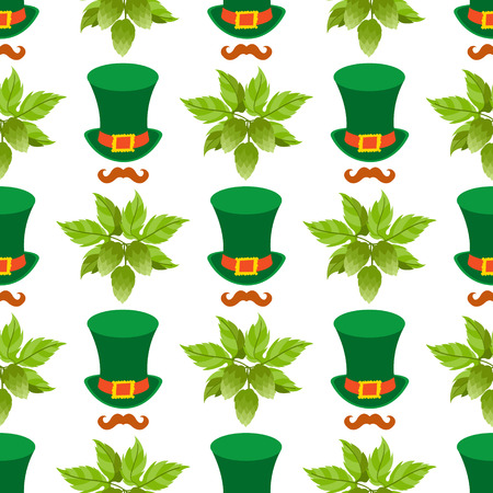Seamless pattern with a sprig of hops and a green hat.のイラスト素材