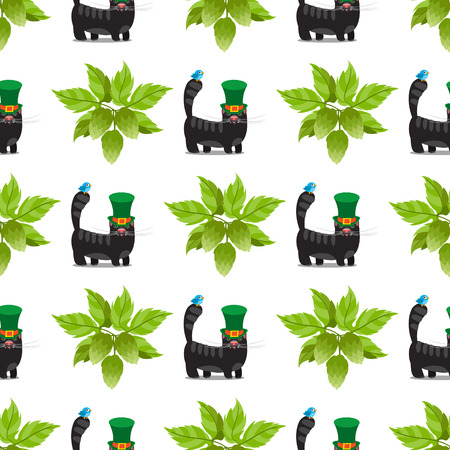 Seamless pattern with a sprig of hops and black cat with green hat.のイラスト素材