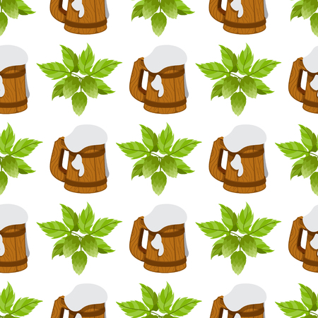 Seamless pattern with a sprig of hops and a mug of foamy beer.のイラスト素材
