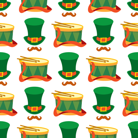Seamless pattern with a drum and a green hat.のイラスト素材