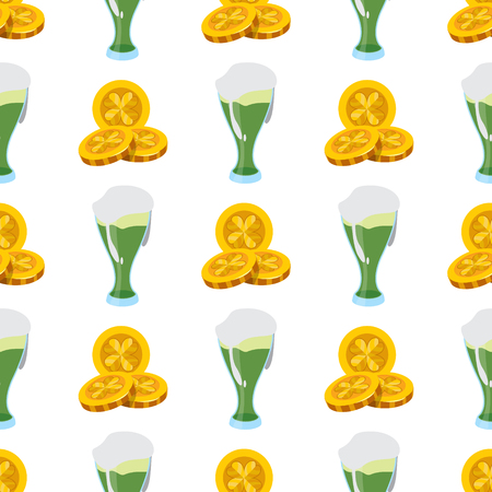 Seamless pattern with three gold coins and green beer.のイラスト素材