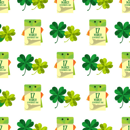 Seamless pattern with four leaf clover and a calendar on 17 March.のイラスト素材