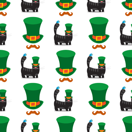 Seamless pattern with black cat with green hat.のイラスト素材