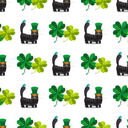 Seamless pattern with black cat with green hat and four leaf clover.のイラスト素材