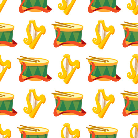 Seamless pattern with a drum and golden harp.のイラスト素材