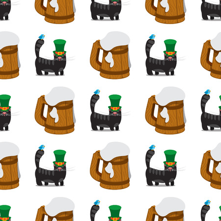 Seamless pattern with black cat with green hat and a mug of foamy beer.のイラスト素材