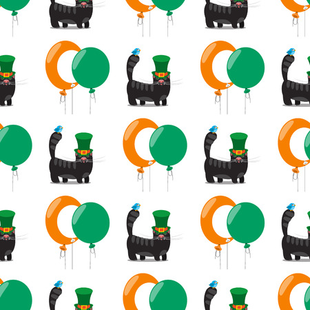 Seamless pattern with black cat with green hat and a balloons.のイラスト素材