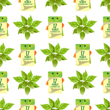 Seamless pattern with a sprig of hops and a calendar on 17 March.のイラスト素材