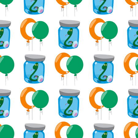 Seamless pattern with a Green snake in a glass jar and a balloons.のイラスト素材