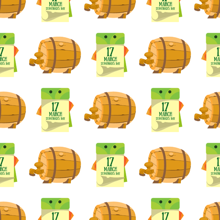 Seamless pattern with a calendar on 17 March and a wooden beer barrel.のイラスト素材