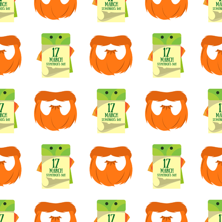 Seamless pattern with a calendar on 17 March and a red beard.のイラスト素材
