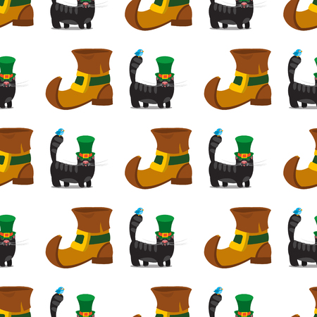 Seamless pattern with black cat with green hat and shoes leprechaun.のイラスト素材