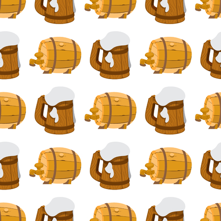 Seamless pattern with a mug of foamy beer and a wooden beer barrel.のイラスト素材